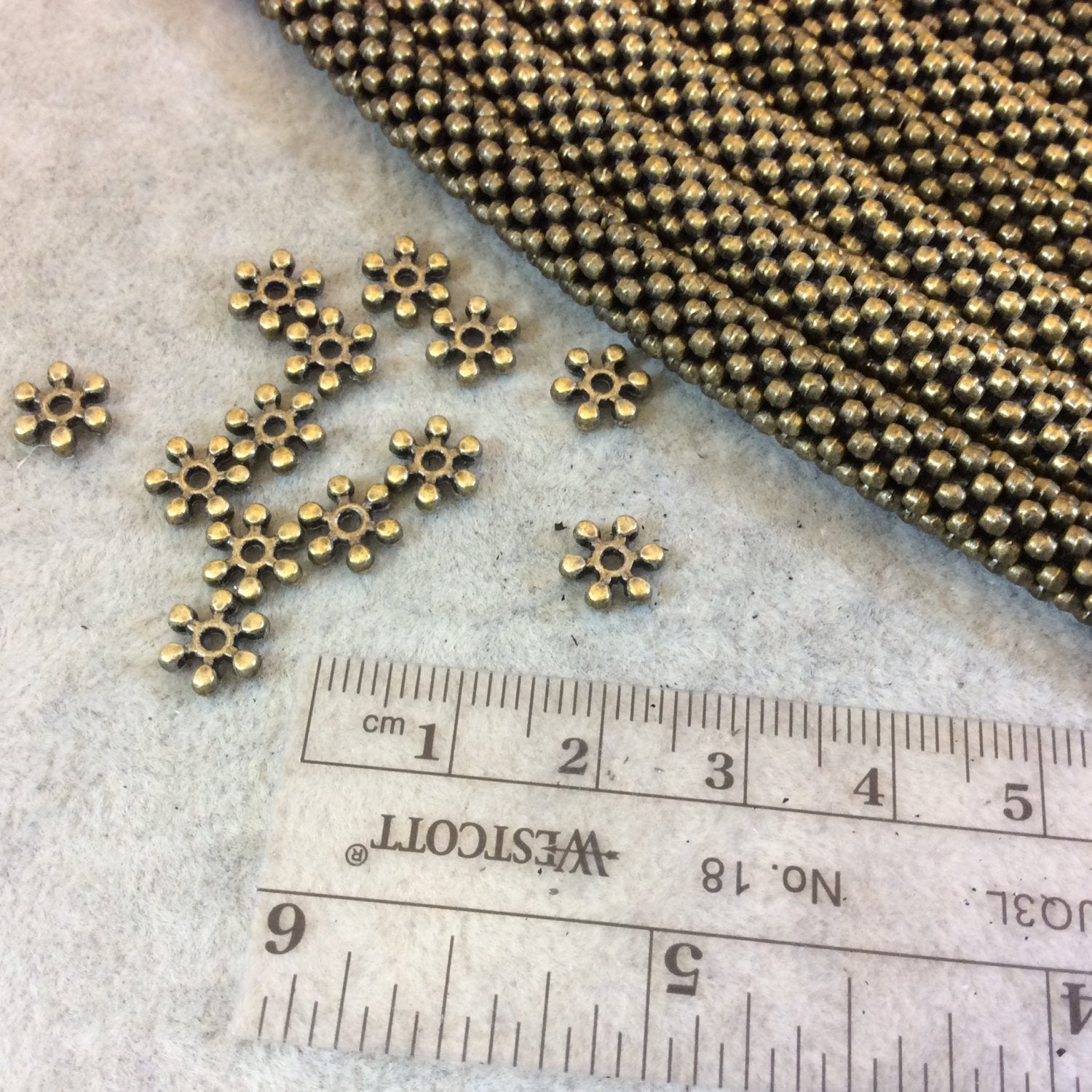 8mm Brass Finish Flat Floral/Flower Shaped Plated Base Metal Spacer Beads - 12.25" Strand (Approximately 144 Beads) - Sold by the Strand