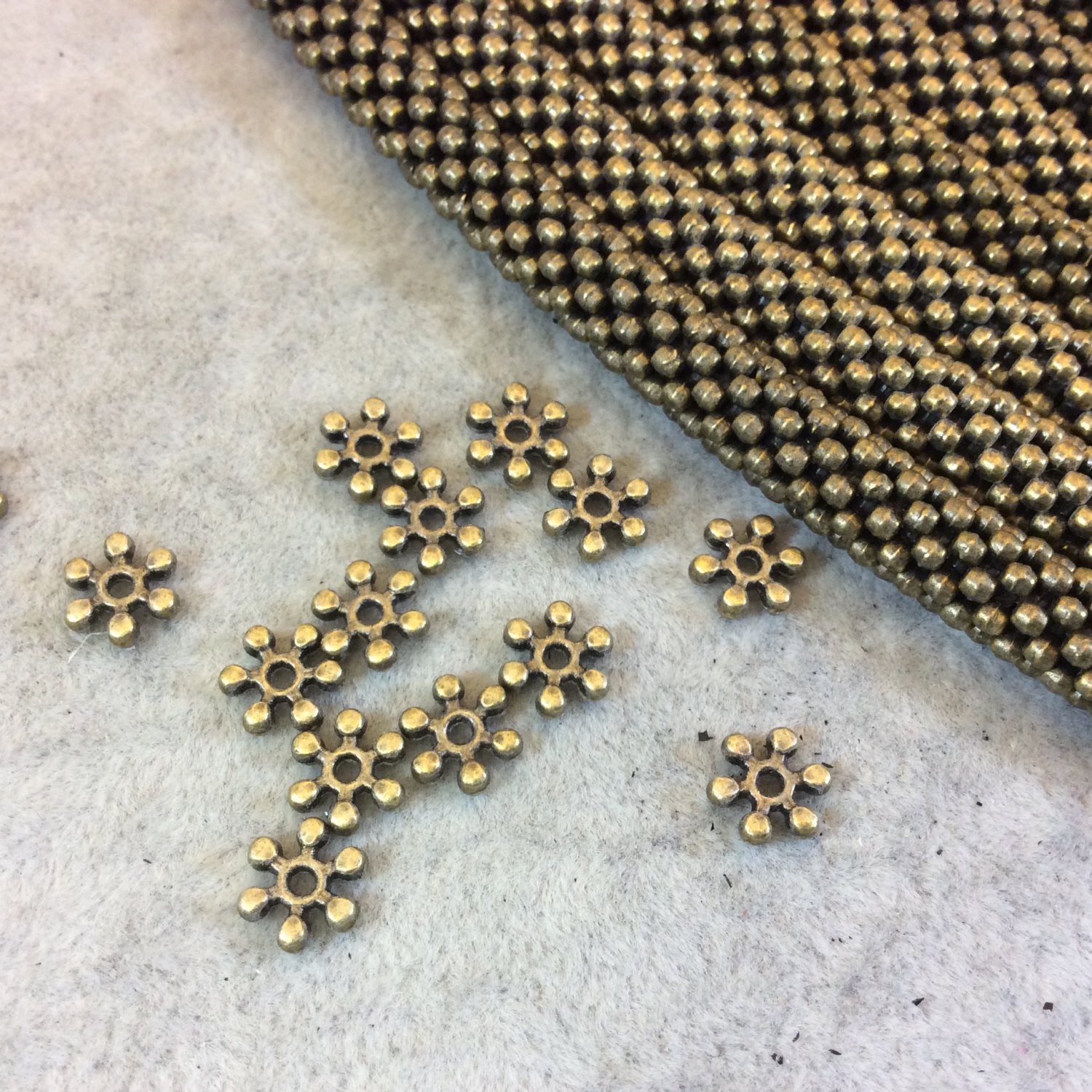 8mm Brass Finish Flat Floral/Flower Shaped Plated Base Metal Spacer Beads - 12.25" Strand (Approximately 144 Beads) - Sold by the Strand