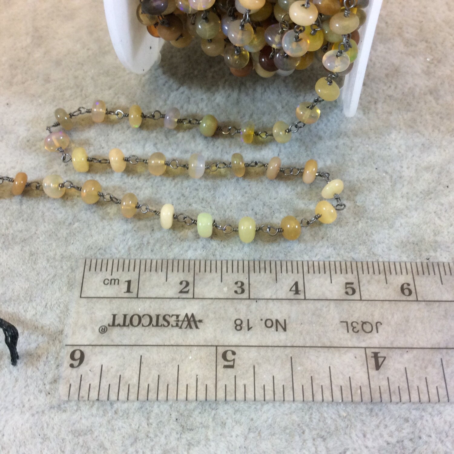 Gunmetal Plated Copper Rosary Chain with 4-5mm Rondelle Shaped Tan/Peach Opal Beads - Sold by the Foot, or in Bulk! - Natural Beaded Chain