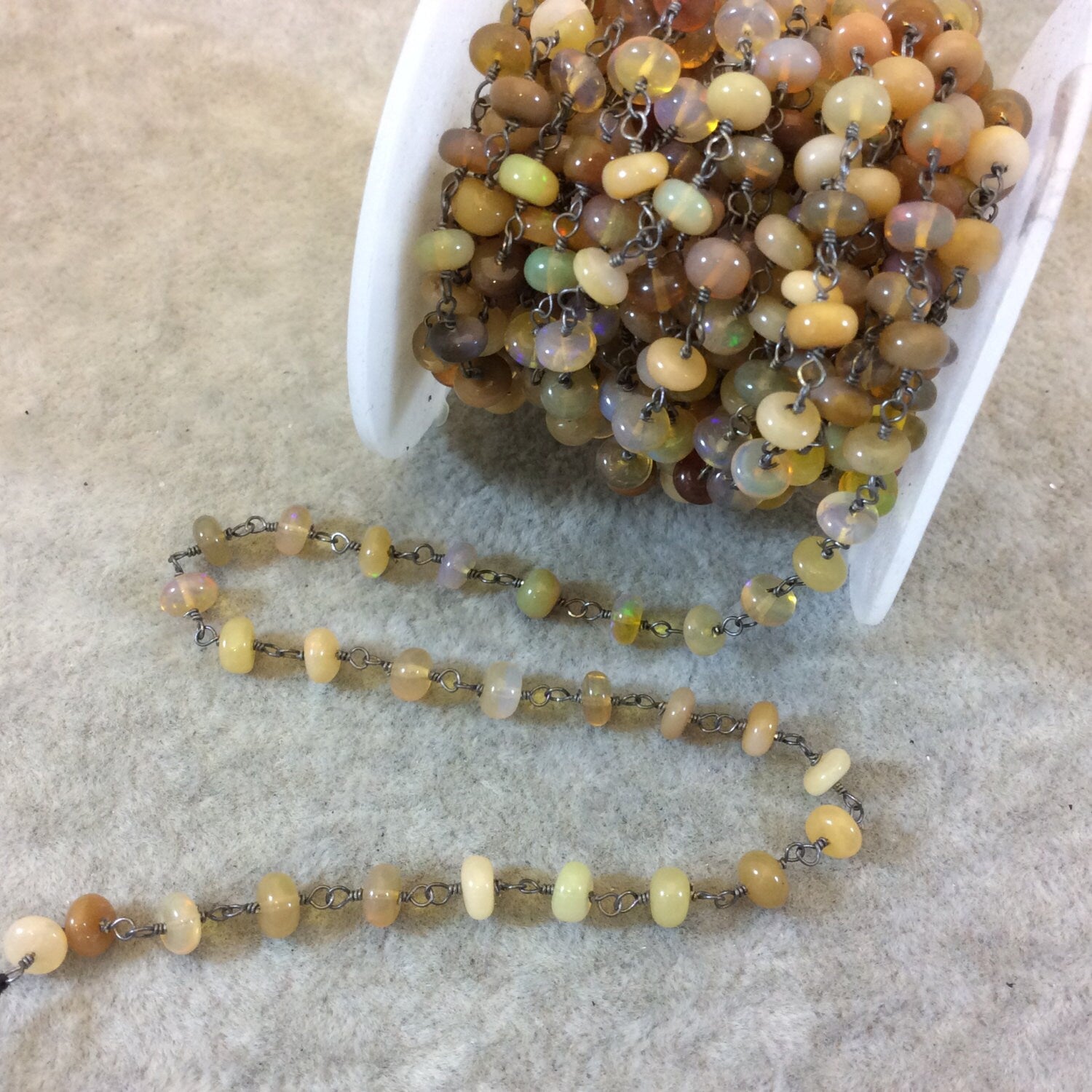 Gunmetal Plated Copper Rosary Chain with 4-5mm Rondelle Shaped Tan/Peach Opal Beads - Sold by the Foot, or in Bulk! - Natural Beaded Chain