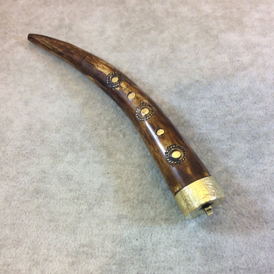 SALE - 6" Long Spot Bevel Inlay Brown Ox Bone Tusk/Claw Shaped Pendant with Floral Patterned Gold Cap - Measuring 20mm x 145mm
