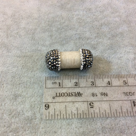 Rhinestone Encrusted Barrel/Tube Shaped Light Brown Coral Fossil Bead - Measuring 13mm x 28mm, Approx. - Sold Individually, Random