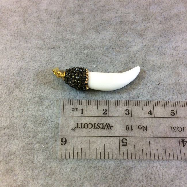 Rhinestone Encrusted Tusk/Claw Shaped White Bone Fang/Tooth Pendant - Measuring 10mm x 35-40mm, Approx. - Sold Individually