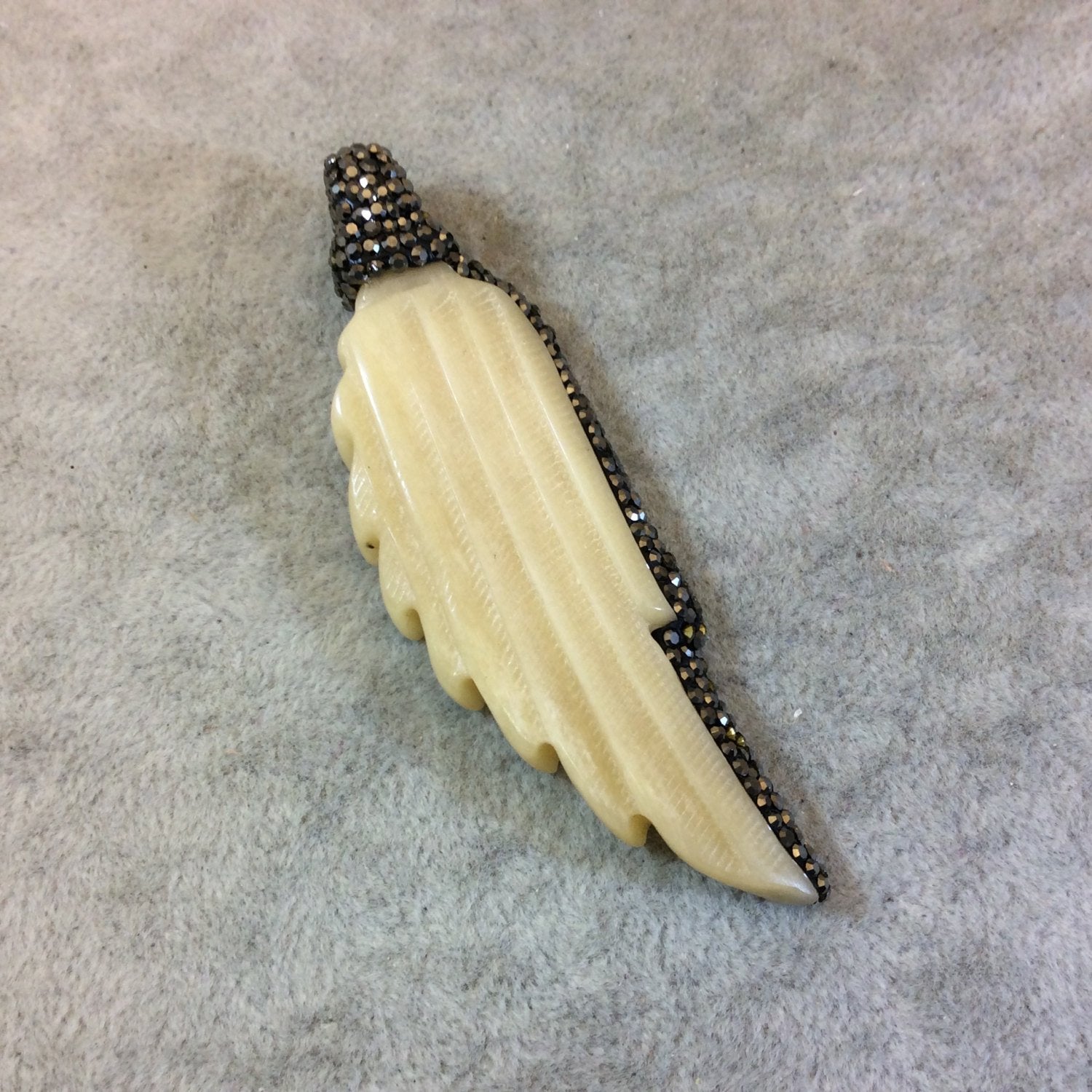 Rhinestone Encrusted Carved Wing/Feather Shaped White Bone Pendant - Measuring 25mm x 75mm, Approx. - Sold Individually