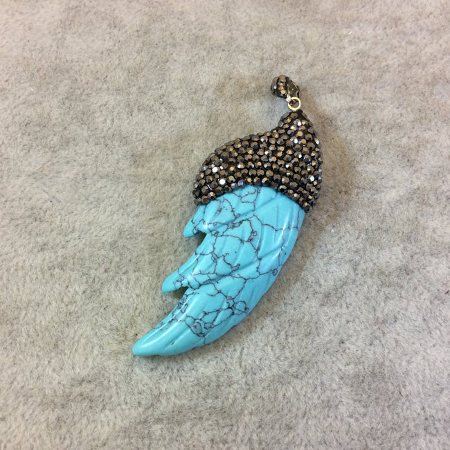 Rhinestone Encrusted Carved Wing/Feather Shaped Turquoise Howlite Pendant - Measuring 23mm x 58mm, Approx. - Sold Individually