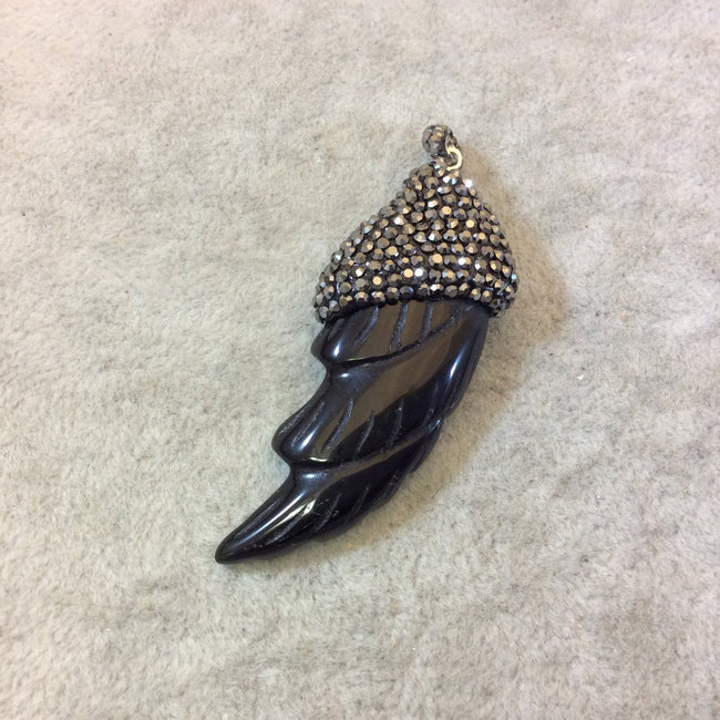Rhinestone Encrusted Carved Wing/Feather Shaped Black Onyx Pendant - Measuring 23mm x 58mm, Approx. - Sold Individually