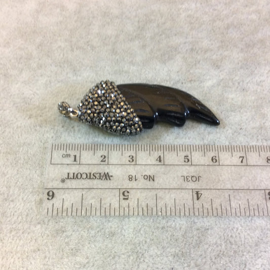 Rhinestone Encrusted Carved Wing/Feather Shaped Black Onyx Pendant - Measuring 23mm x 58mm, Approx. - Sold Individually