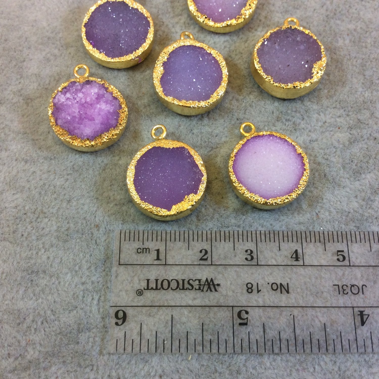 Premium Gold Plated Round/Coin Shaped Pink Tone Druzy Pendant - Measuring 18mm x 18mm, Approximately - Sold Individually, Chosen Random