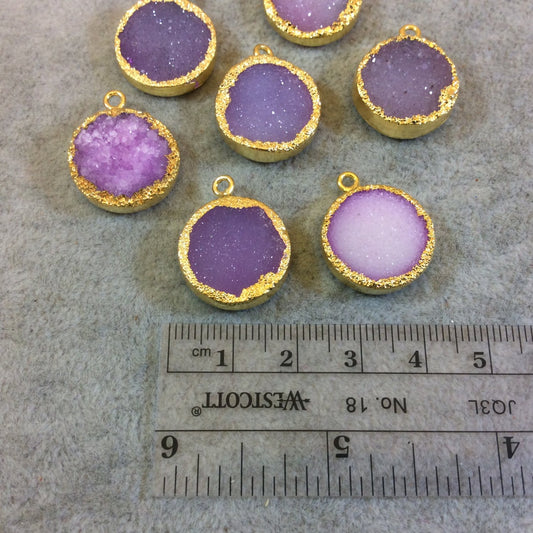 Premium Gold Plated Round/Coin Shaped Pink Tone Druzy Pendant - Measuring 18mm x 18mm, Approximately - Sold Individually, Chosen Random