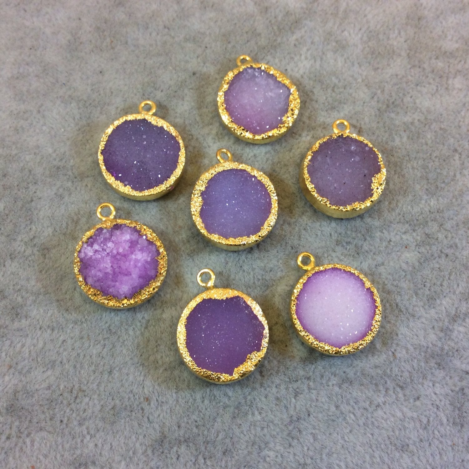 Premium Gold Plated Round/Coin Shaped Pink Tone Druzy Pendant - Measuring 18mm x 18mm, Approximately - Sold Individually, Chosen Random
