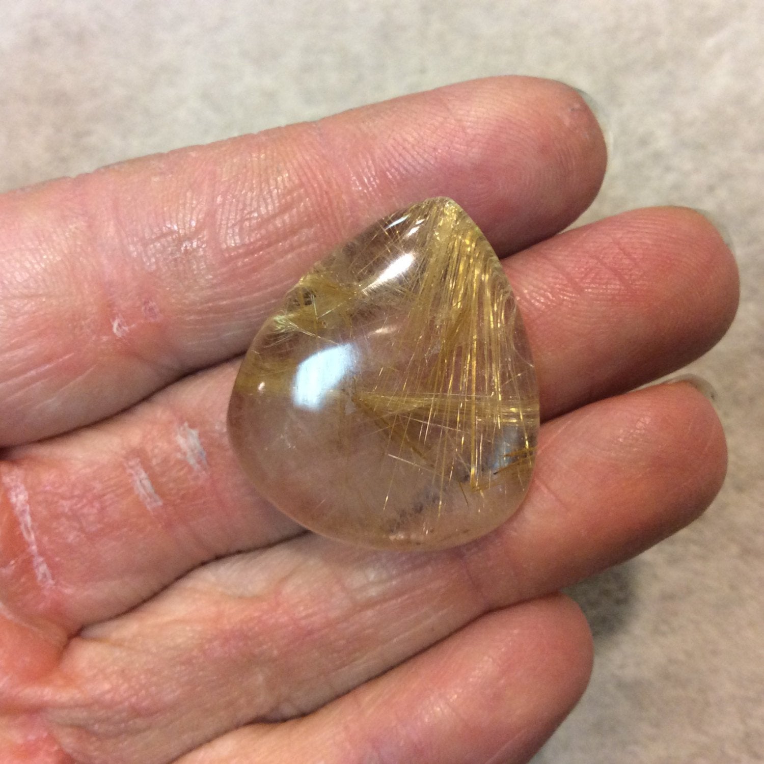 OOAK Natural Golden Rutilated Quartz Pear/Teardrop Shaped Flat Back Cabochon - Measuring 27mm x 31mm, 7mm Dome Height - Quality Gemstone Cab