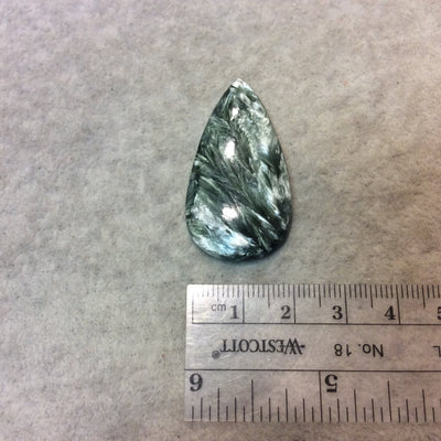 OOAK Natural Green Seraphinite Pear/Teardrop Shaped Flat Back Cabochon - Measuring 22mm x 41mm, 4mm Dome Height - High Quality Gemstone Cab
