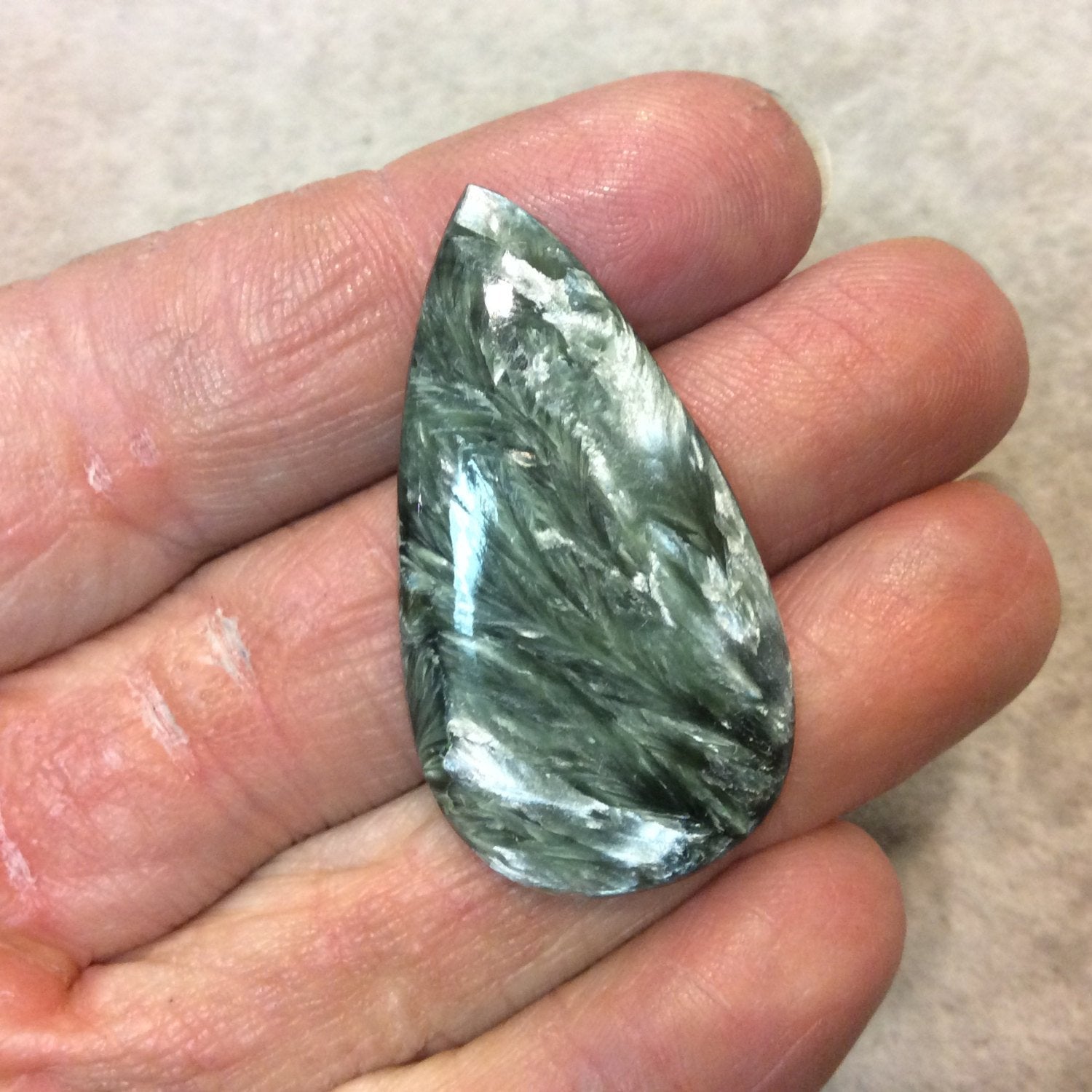 OOAK Natural Green Seraphinite Pear/Teardrop Shaped Flat Back Cabochon - Measuring 22mm x 41mm, 4mm Dome Height - High Quality Gemstone Cab