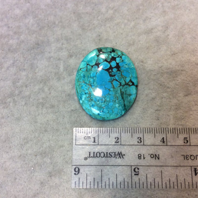 Chinese Stabilized Turquoise Oblong Oval Shaped Flat Back Cabochon - Measuring 29mm x 36mm, 4mm Dome Height - Natural High Quality Gemstone