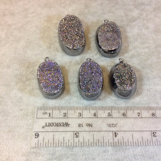 Titanium Plated Rainbow Druzy Window Oval Shaped Pendant with Gunmetal Suspension Ring - Measuring 20mm x 28mm - Sold Individually/Random