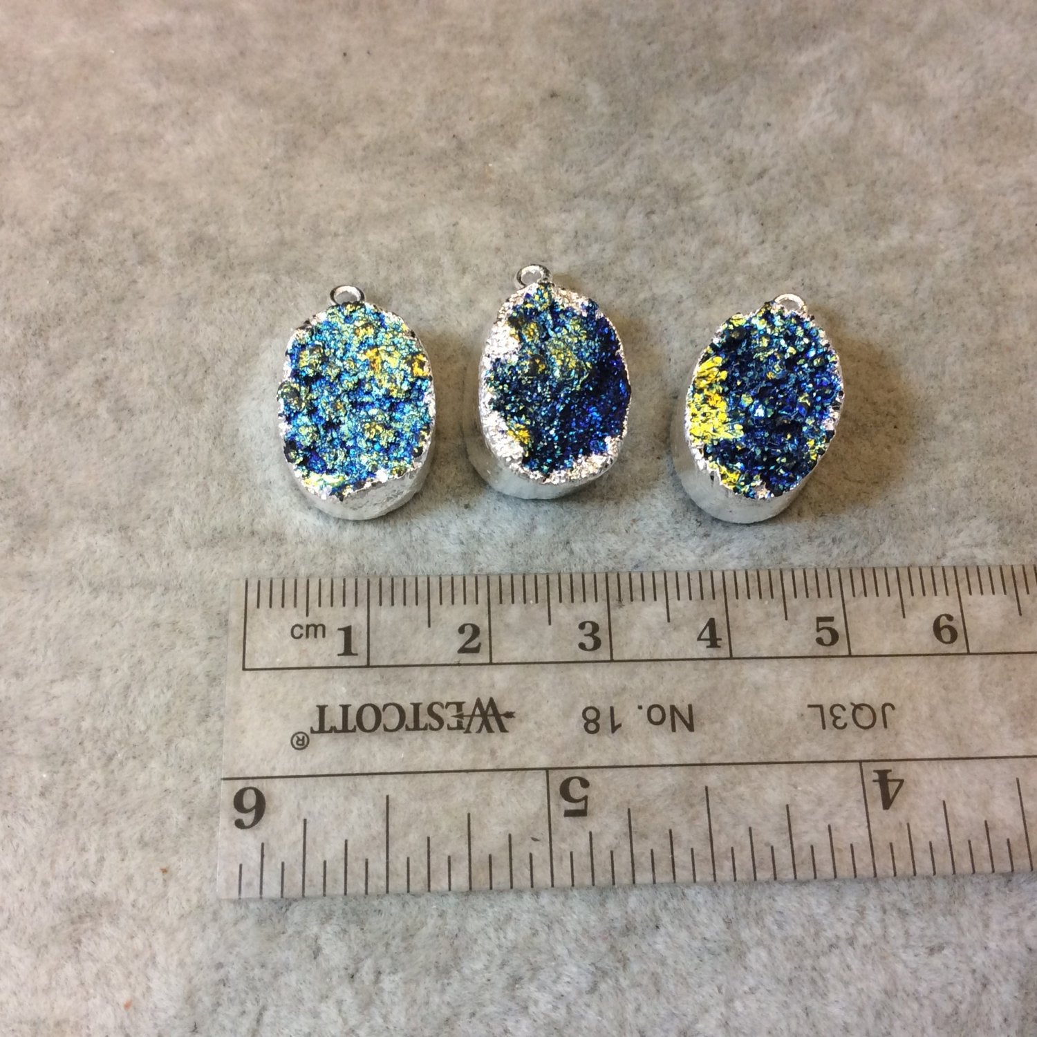 Silver Plated Electroformed Blue Titanium Druzy Oval Pendant - Measuring 12mm x 16mm Approx. - Sold Individually, Randomly Chosen