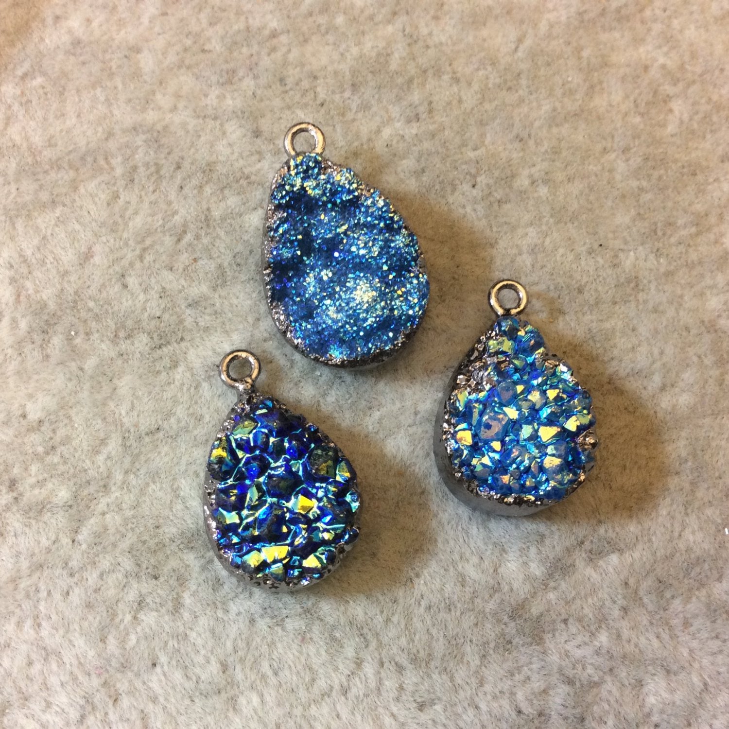 Gunmetal Plated Electroformed Blue Titanium Druzy Teardrop/Pear Pendant - Measuring 12mm x 16mm Approx. - Sold Individually, Randomly Chosen