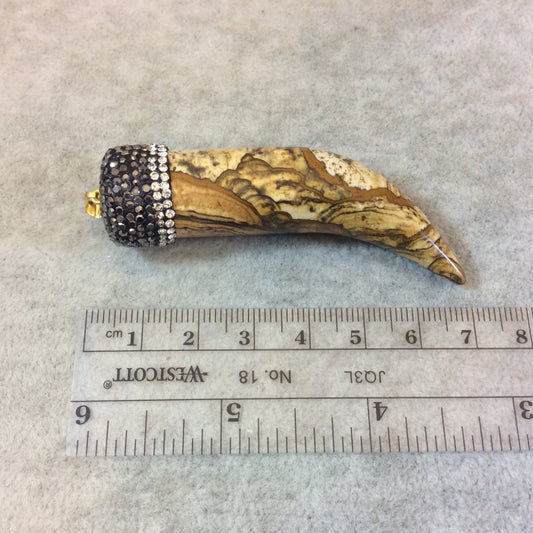Rhinestone Encrusted Tusk/Claw Shaped Natural Brown/Tan Picture Jasper Pendant - Measuring 18mm x 70mm, Approx. - Sold Individually