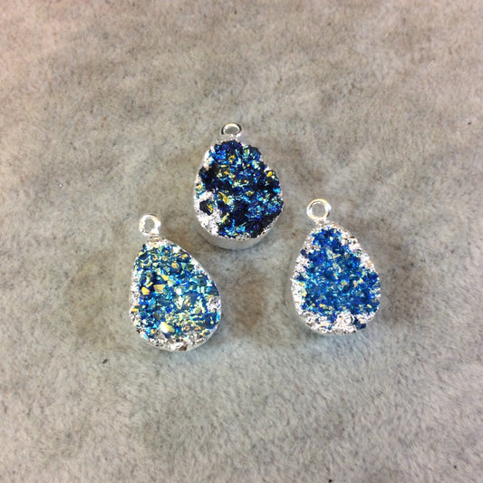 Silver Plated Electroformed Blue Titanium Druzy Teardrop/Pear Pendant - Measuring 12mm x 16mm Approx. - Sold Individually, Randomly Chosen