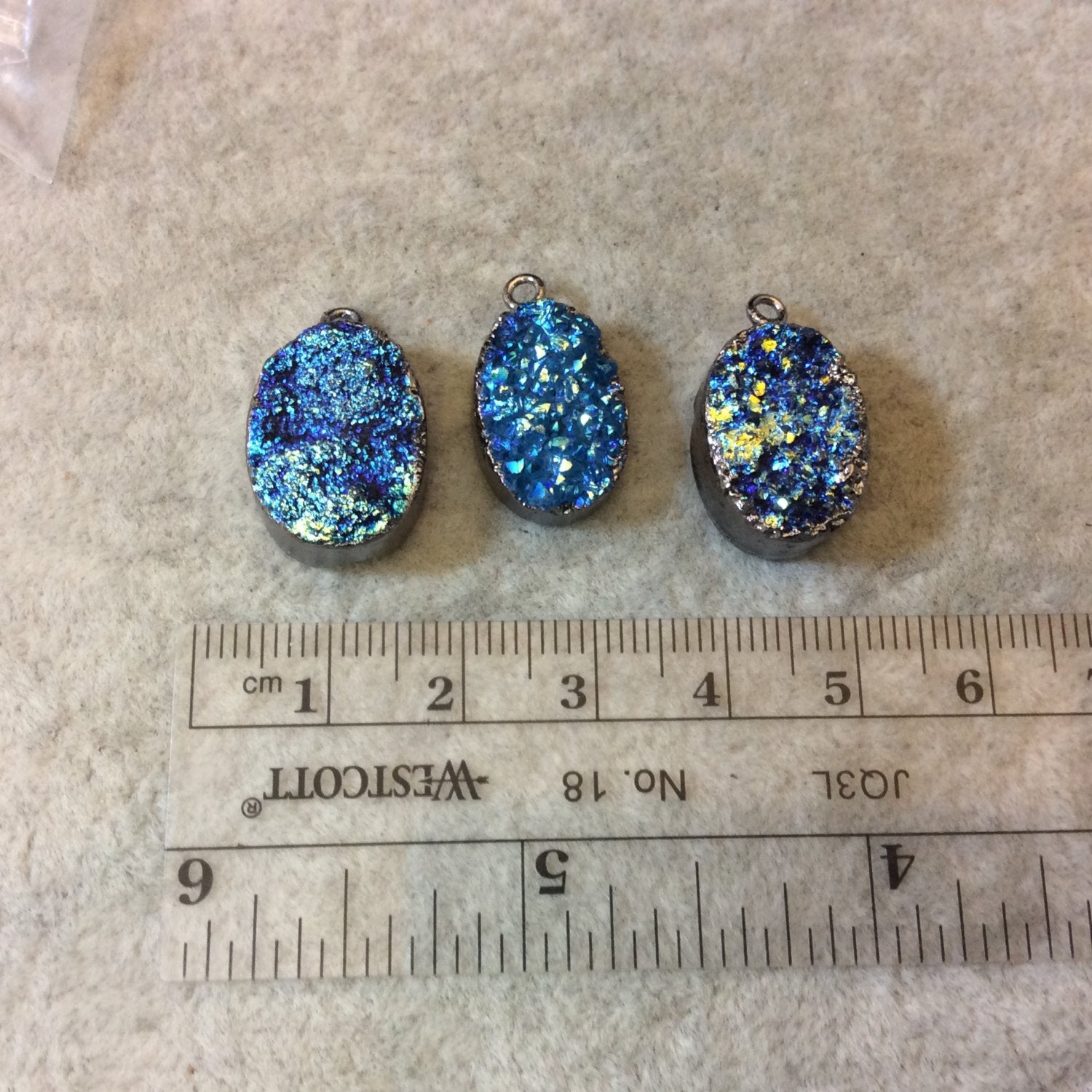 Gunmetal Plated Electroformed Blue Titanium Druzy Oval Pendant - Measuring 12mm x 16mm Approx. - Sold Individually, Randomly Chosen