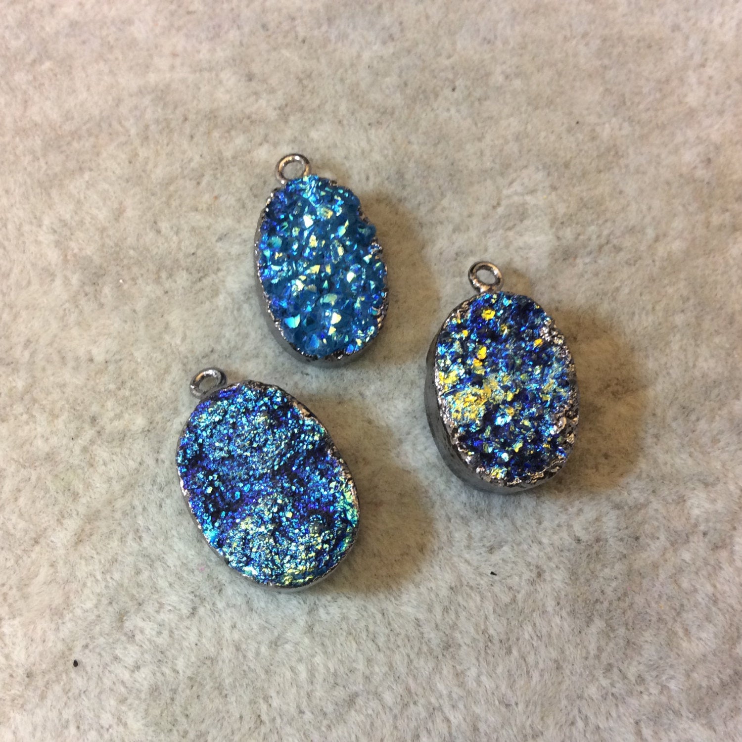 Gunmetal Plated Electroformed Blue Titanium Druzy Oval Pendant - Measuring 12mm x 16mm Approx. - Sold Individually, Randomly Chosen