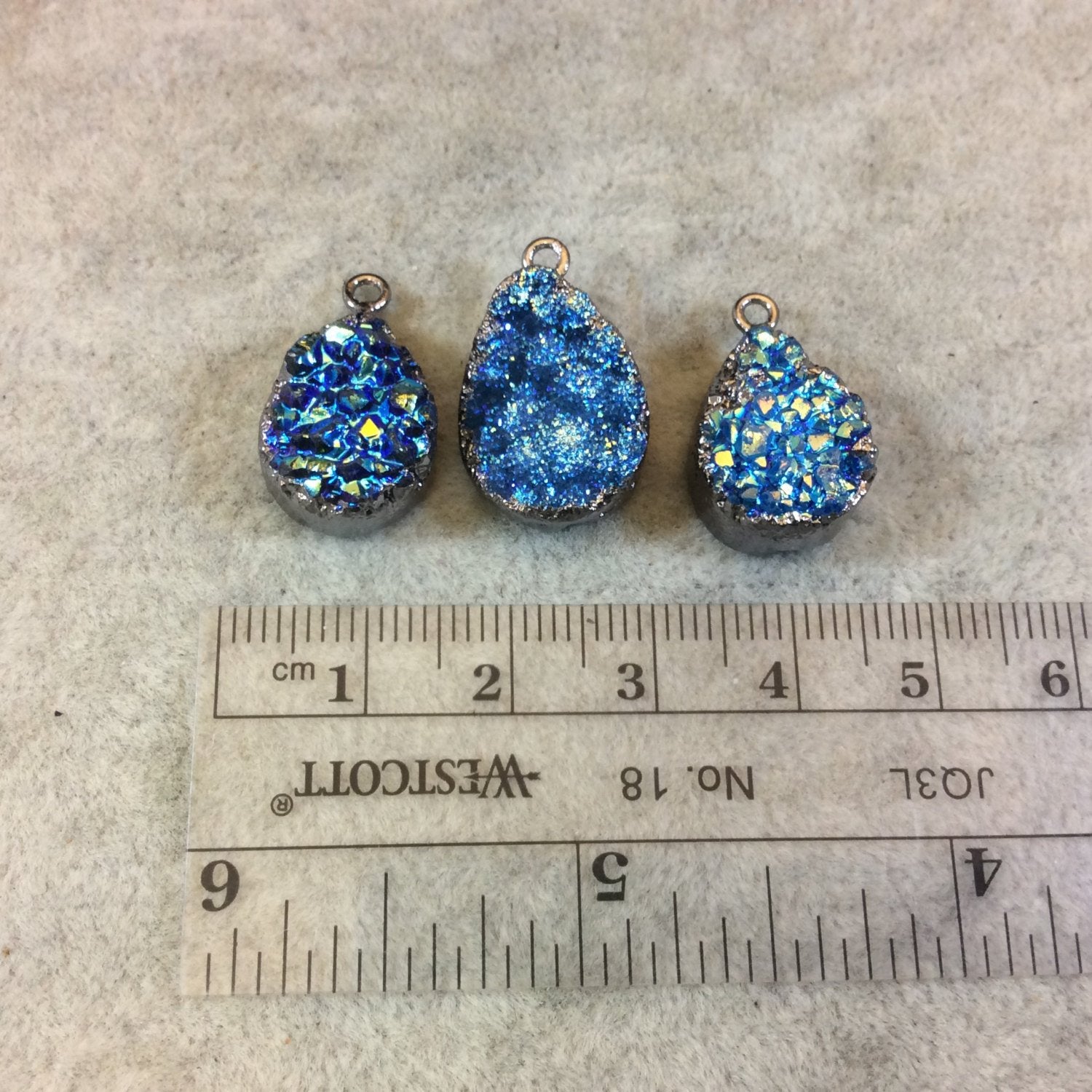Gunmetal Plated Electroformed Blue Titanium Druzy Teardrop/Pear Pendant - Measuring 12mm x 16mm Approx. - Sold Individually, Randomly Chosen