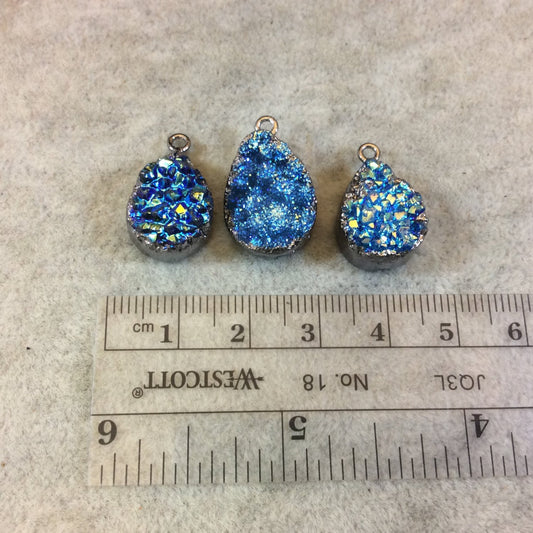 Gunmetal Plated Electroformed Blue Titanium Druzy Teardrop/Pear Pendant - Measuring 12mm x 16mm Approx. - Sold Individually, Randomly Chosen