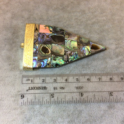 3" Iridescent Rainbow Pointed Arrow Shaped Brown Wooden Pendant with Natural Abalone Shell Overlay - Measuring 44mm x 80mm - (TR3RBPAAB)