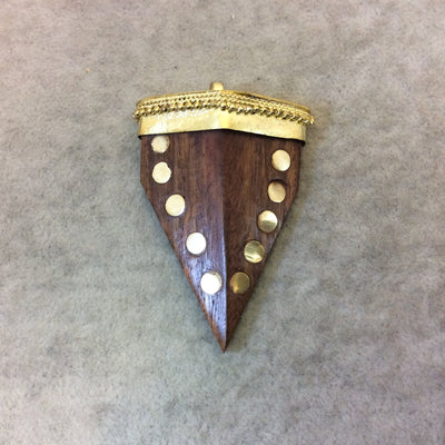 SALE 2" Flat-Back Warm Brown Tapered Carved Wooden Arrowhead Pendant with Gold Inlay and Dotted Gold Cap - Measuring 41mm x 58mm, Approx.
