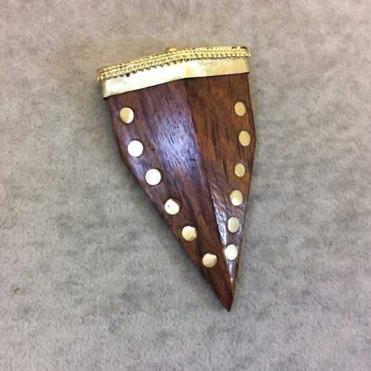 SALE 3" Warm Brown Pointed Angled Arrow Shaped Natural Dyed Wood Pendant with Dot Inlay and Gold Cap - Measuring 50mm x 80mm