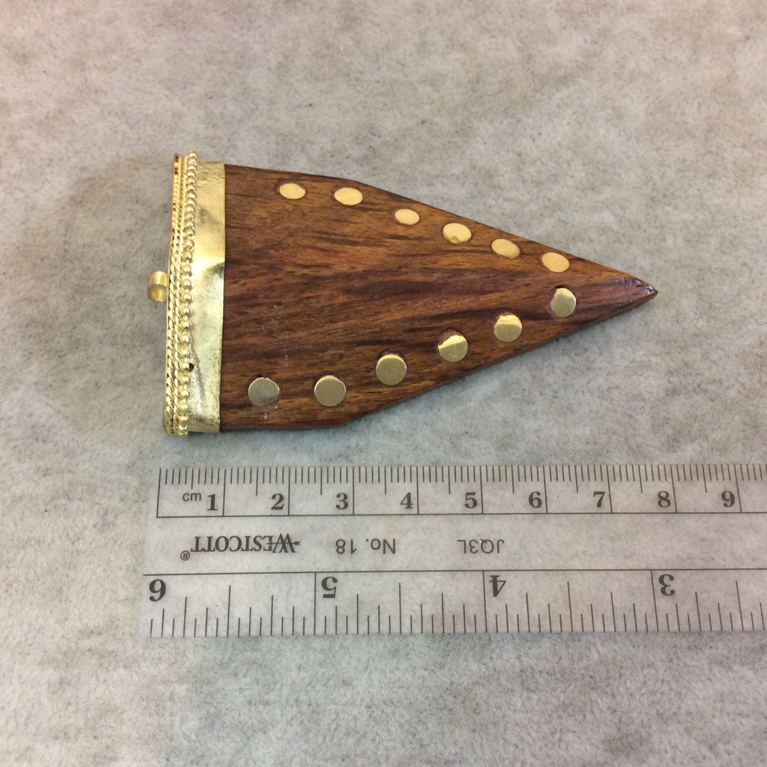 SALE 3" Warm Brown Pointed Angled Arrow Shaped Natural Dyed Wood Pendant with Dot Inlay and Gold Cap - Measuring 50mm x 80mm