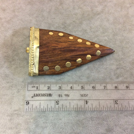 SALE 3" Warm Brown Pointed Angled Arrow Shaped Natural Dyed Wood Pendant with Dot Inlay and Gold Cap - Measuring 50mm x 80mm