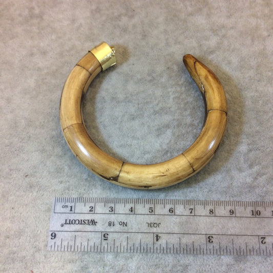 3.5" Light Brown Curved Round Tusk/Claw Shaped Natural Ox Bone Pendant with Plain Gold Cap - Measuring 83mm x 90mm, Approx.