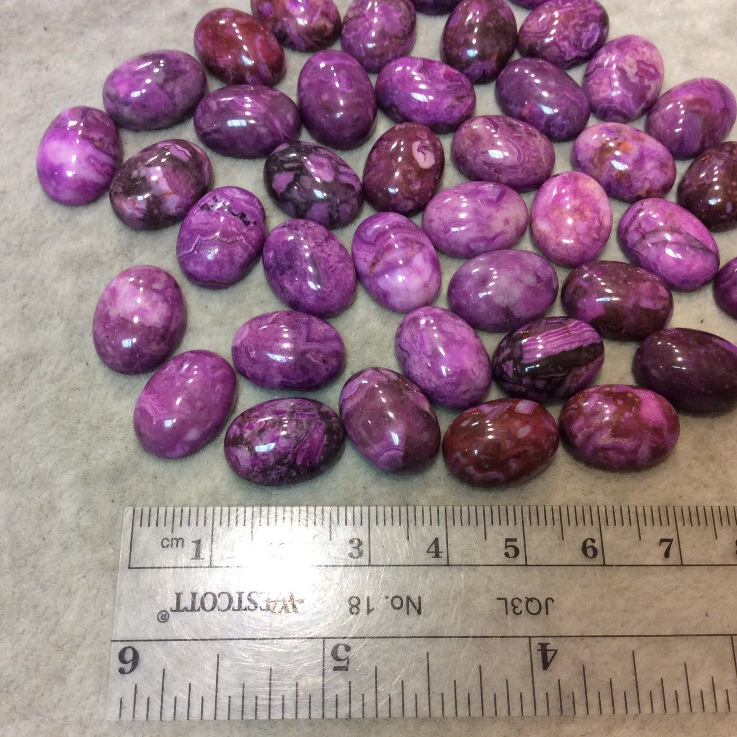 Dyed Magenta Crazy Lace Agate Oval Shaped Flat Back Cabochon - Measuring 12mm x 16mm, 5-6mm Dome Height - Sold Individually, Chosen Randomly