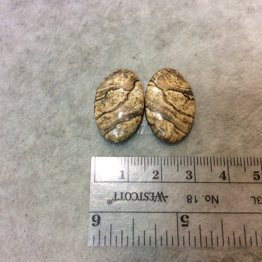 Matching Pair of Picture Jasper Oval Shaped Flat Back Cabochons - Measuring 16mm x 25mm, 4mm Dome Height - Natural High Quality Gemstone