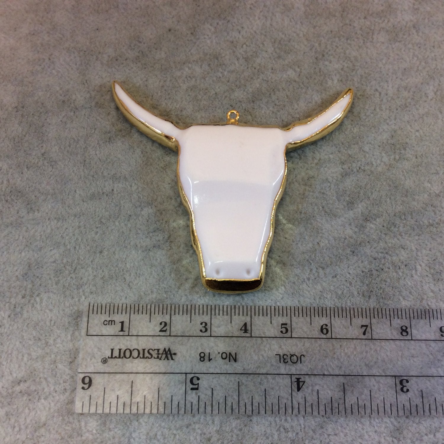 Flat Gold Electroplated White/Ivory Acrylic Steer Skull Shaped Focal Pendant - Measuring 67mm x 62mm, Approximately - Sold Individually