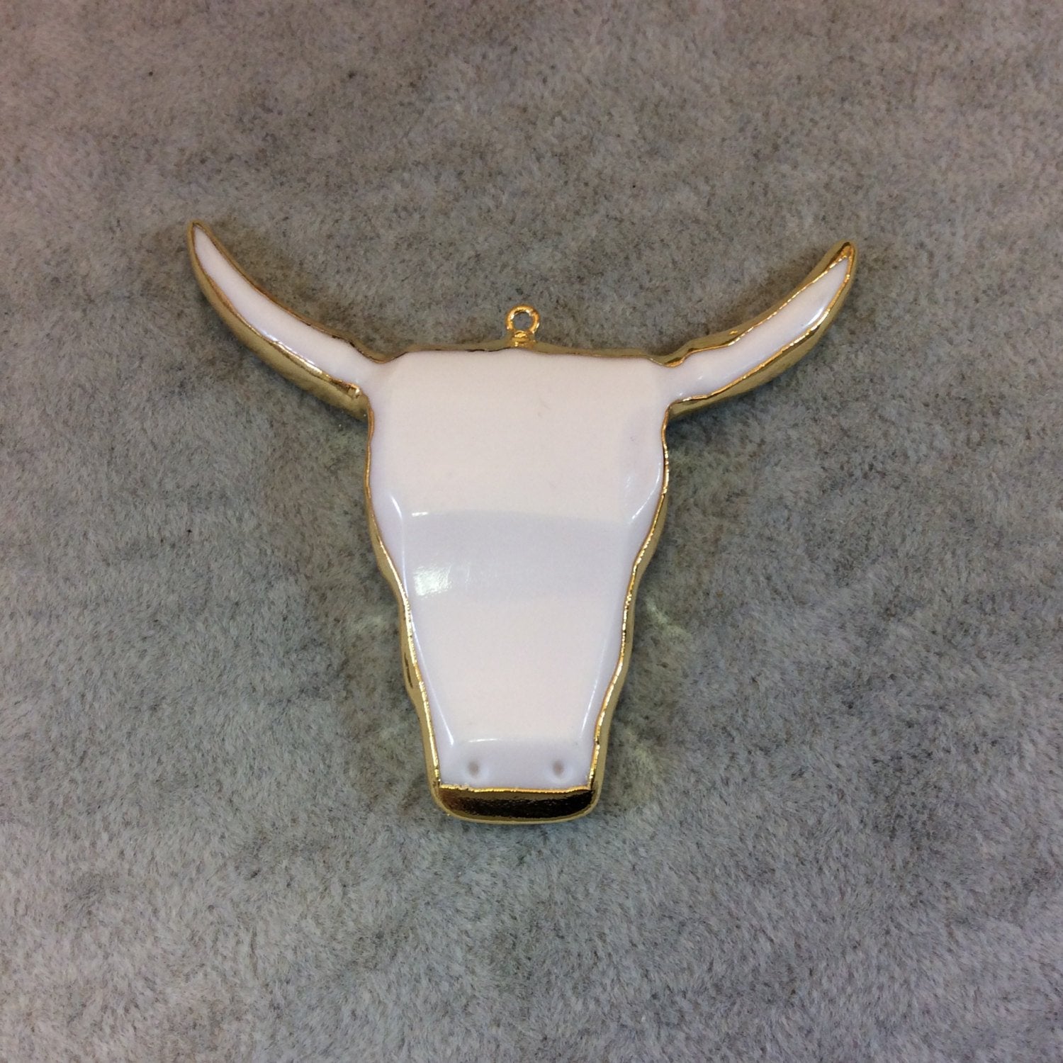 Flat Gold Electroplated White/Ivory Acrylic Steer Skull Shaped Focal Pendant - Measuring 67mm x 62mm, Approximately - Sold Individually