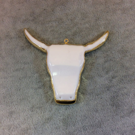 Flat Gold Electroplated White/Ivory Acrylic Steer Skull Shaped Focal Pendant - Measuring 67mm x 62mm, Approximately - Sold Individually