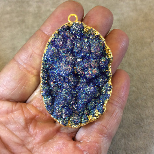 OOAK Gold Electroplated Premium Blue/Purple Titanium Druzy Oval Shaped Pendant - Measuring 36mm x 53mm, Approximately - Sold Individually
