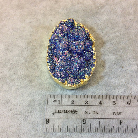 OOAK Gold Electroplated Premium Blue/Purple Titanium Druzy Oval Shaped Pendant - Measuring 36mm x 53mm, Approximately - Sold Individually
