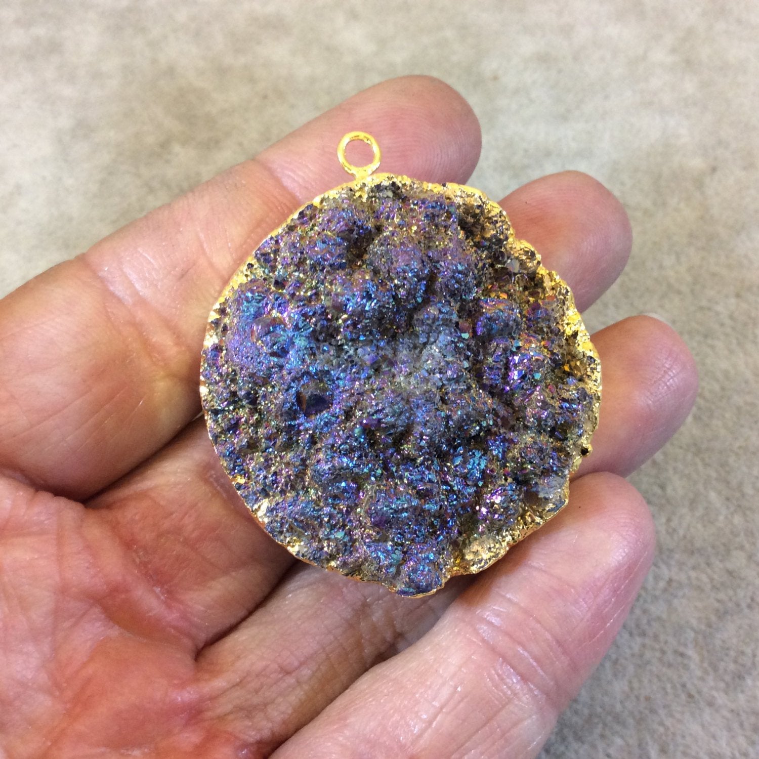 OOAK Gold Electroplated Premium Purple/Blue Titanium Druzy Round/Coin Pendant - Measuring 40mm x 40mm, Approximately. - Sold Individually