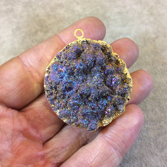 OOAK Gold Electroplated Premium Purple/Blue Titanium Druzy Round/Coin Pendant - Measuring 40mm x 40mm, Approximately. - Sold Individually