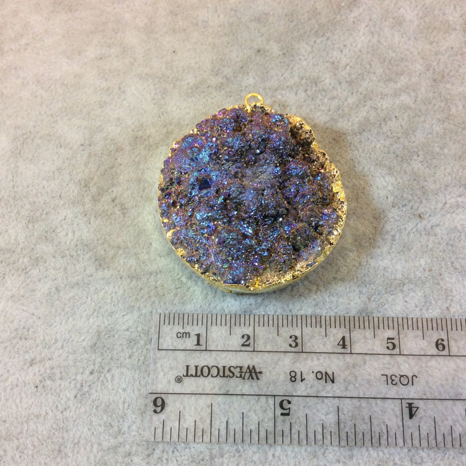 OOAK Gold Electroplated Premium Purple/Blue Titanium Druzy Round/Coin Pendant - Measuring 40mm x 40mm, Approximately. - Sold Individually