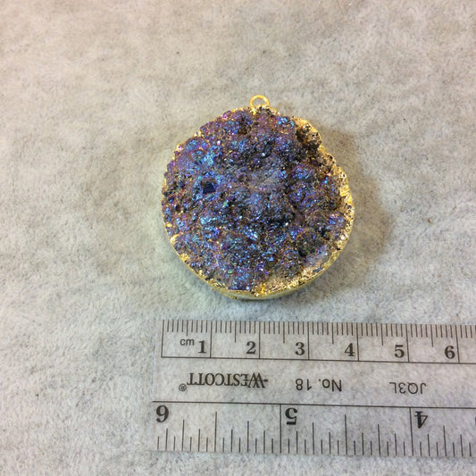 OOAK Gold Electroplated Premium Purple/Blue Titanium Druzy Round/Coin Pendant - Measuring 40mm x 40mm, Approximately. - Sold Individually