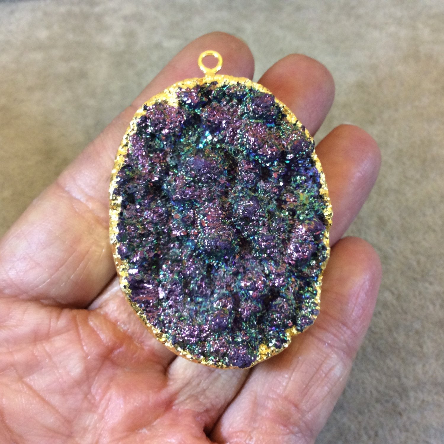 OOAK Gold Electroplated Premium Purple/Blue Titanium Druzy Oval Shaped Pendant - Measuring 41mm x 53mm, Approximately. - Sold Individually