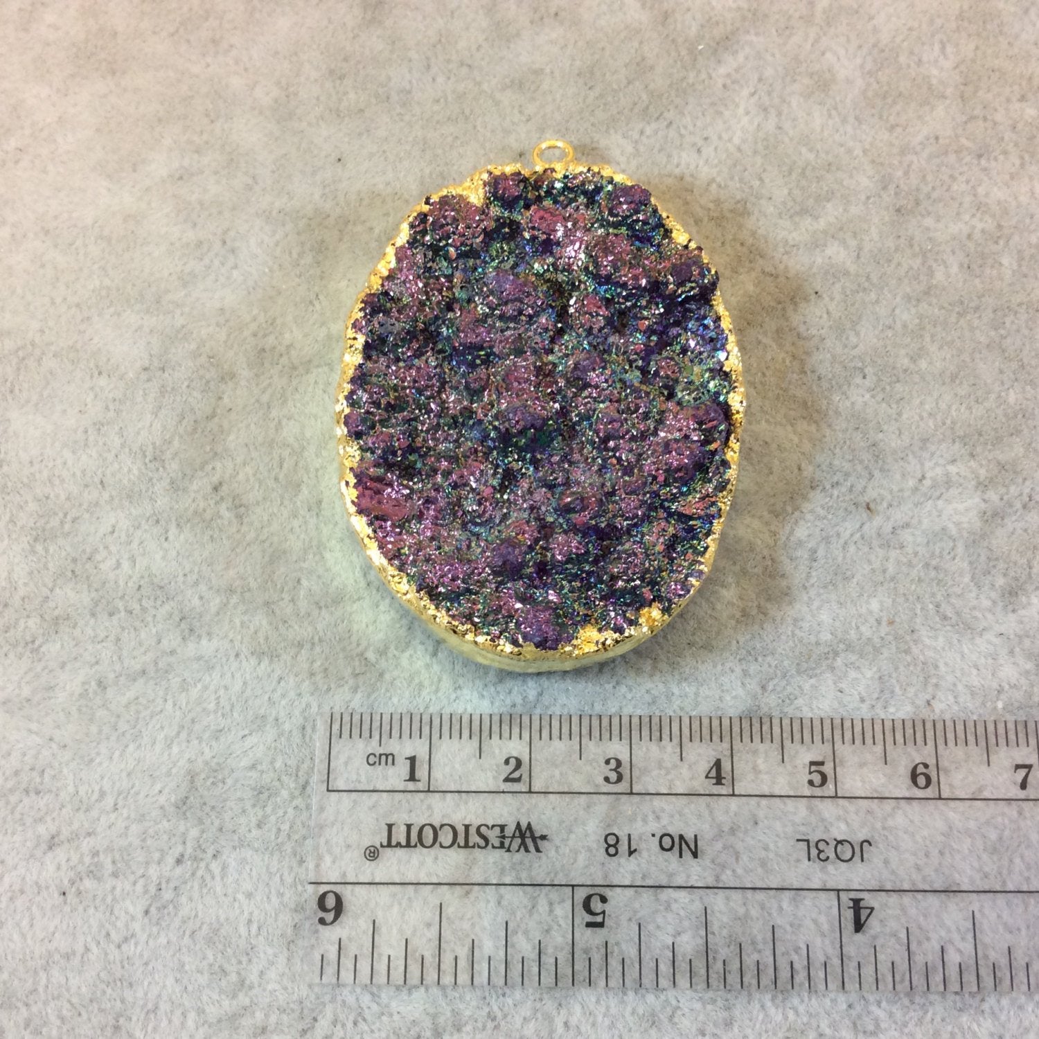 OOAK Gold Electroplated Premium Purple/Blue Titanium Druzy Oval Shaped Pendant - Measuring 41mm x 53mm, Approximately. - Sold Individually
