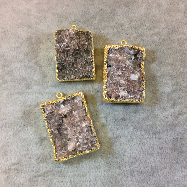 Gold Electroplated Natural Tan Dolomite Cluster (Star Druzy) Rectangle Shaped Pendant - Measuring 23mm x 30mm - Sold Individually, Random