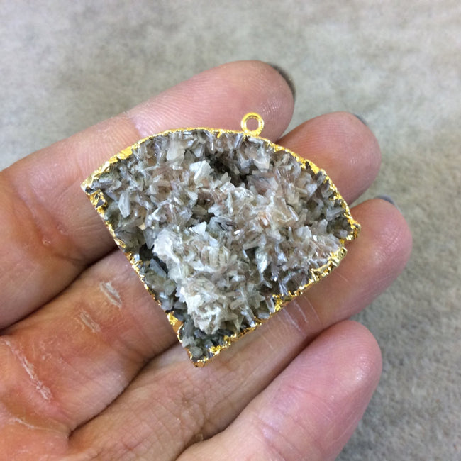 OOAK Gold Electroplated Natural Tan Dolomite Cluster (Star Druzy) Inverted Fan Shaped Focal Pendant - Measuring 41mm x 36mm Approximately