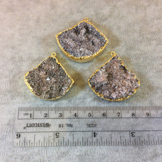 Gold Electroplated Natural Tan Dolomite Cluster (Star Druzy) Fan/Scallop Shaped Pendant - Measuring 38mm x 30mm - Sold Individually, Random