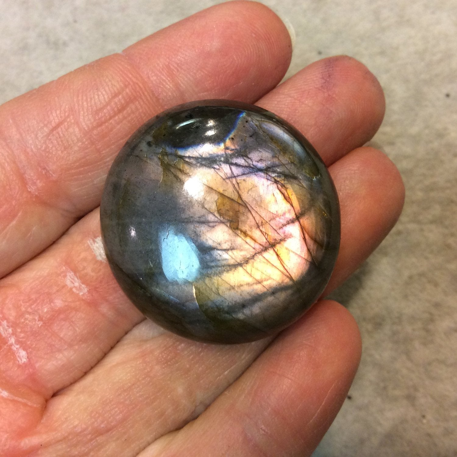 Purple Labradorite Round/Coin Shaped Flat Back Cabochon - Measuring 35mm x 35mm, 10mm Dome Height - Natural High Quality Gemstone